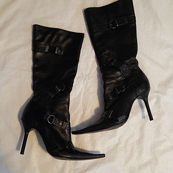 Bronx Shoes - Bronx Black Leather High Heel Buckle Boots Sz 39
